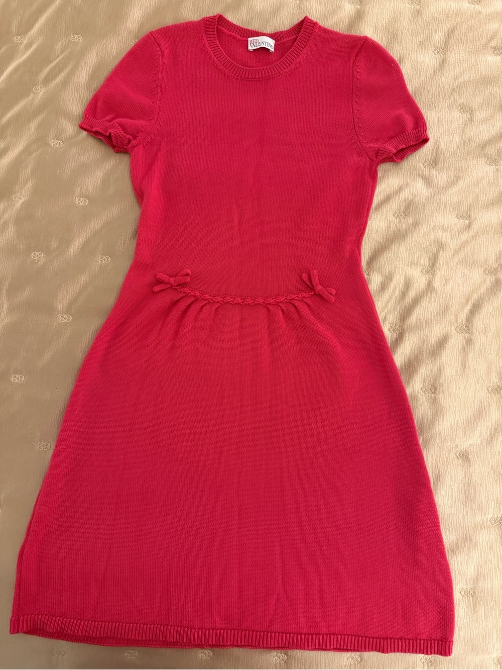 RED Valentino Pink Virgin Wool Knit A-Line Dress Crew Neck Bow, M - Picture 3 of 14